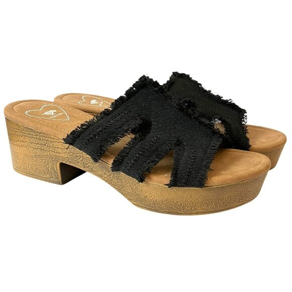 Rocket Dog Clipper Slip On FRAYED Black Platform WOOD BLOCK HEEL Sandals-Women-9 - Picture 6 of 14